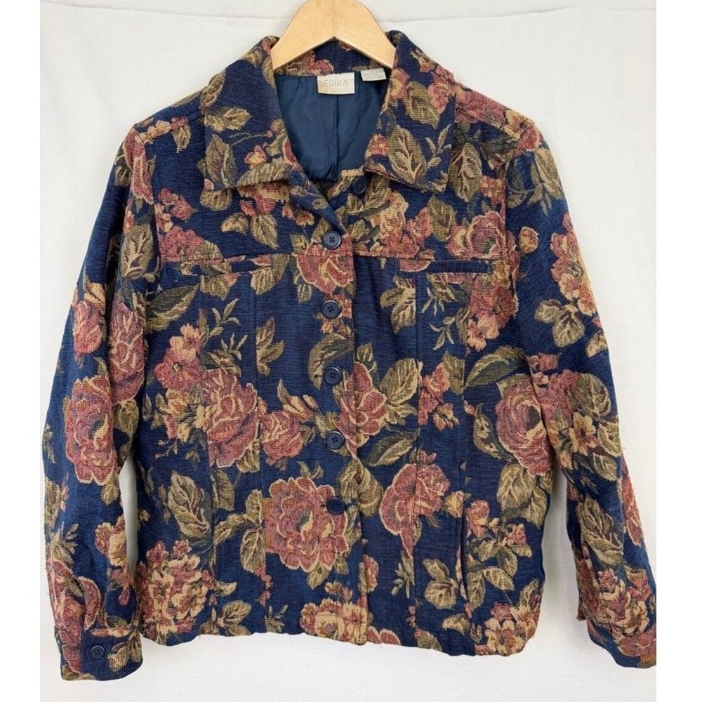 Erika Womens Jacket Floral Tapestry Woven Navy Blue Vintage Dark Academia Large